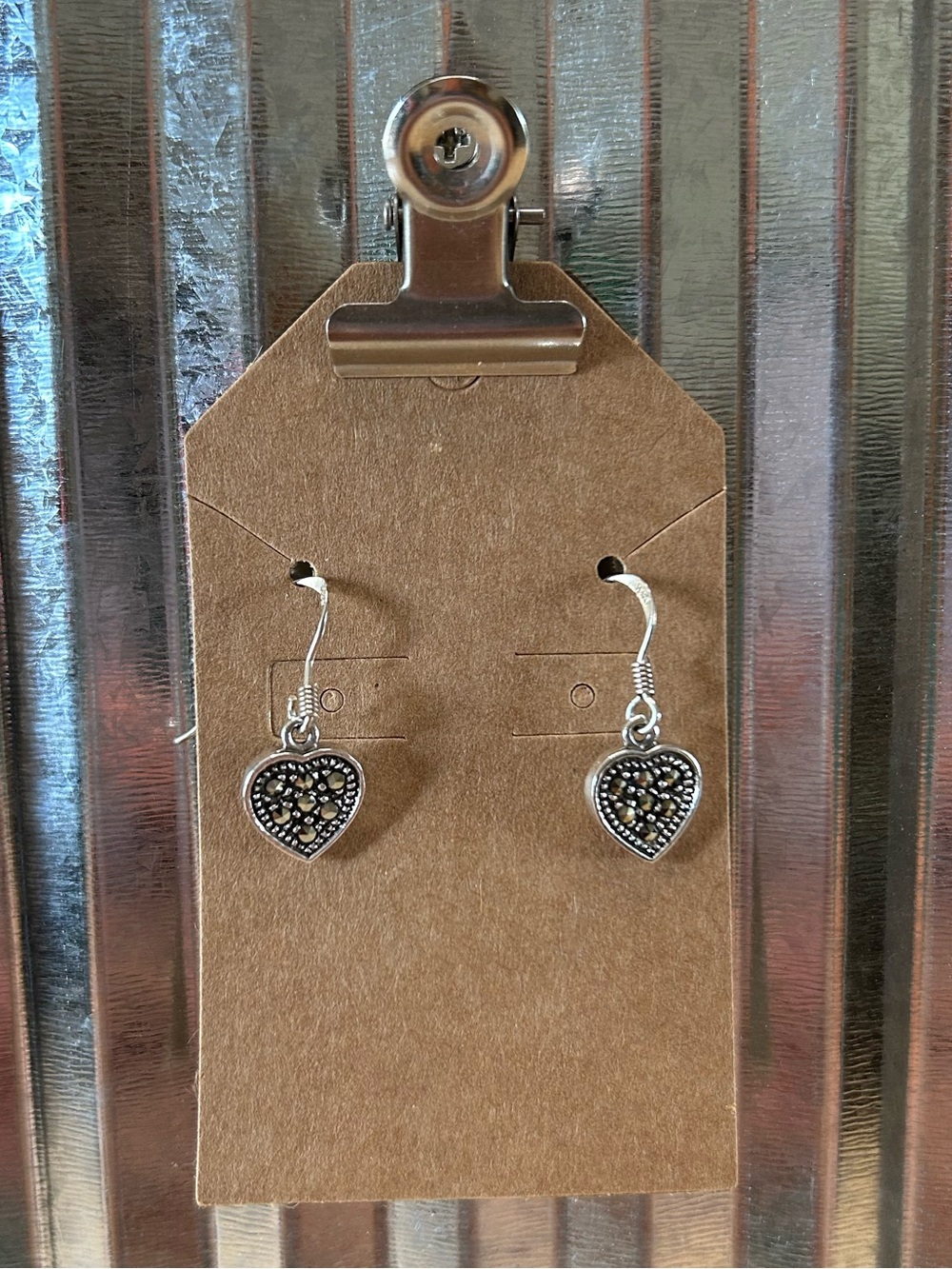 Dainty CW 925 Sterling Silver Pave Marcasite Stone Heart Sparkle Earrings